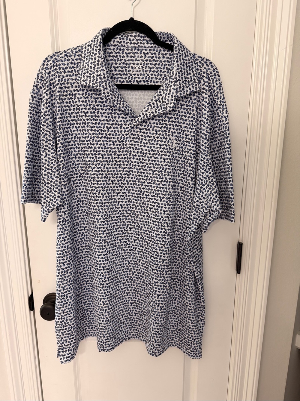 Rhoback Performance Polo – White with Navy Dreidel Print
